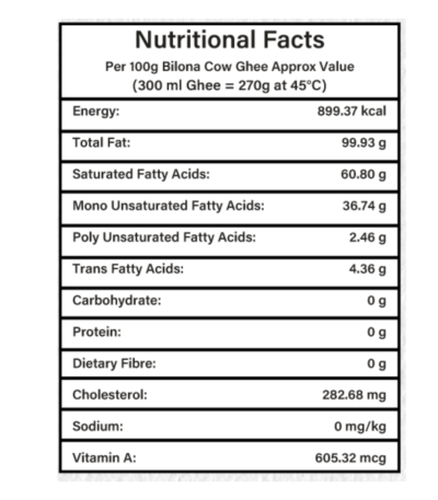Bilona ghee nutritonal facts table - eraa naturals