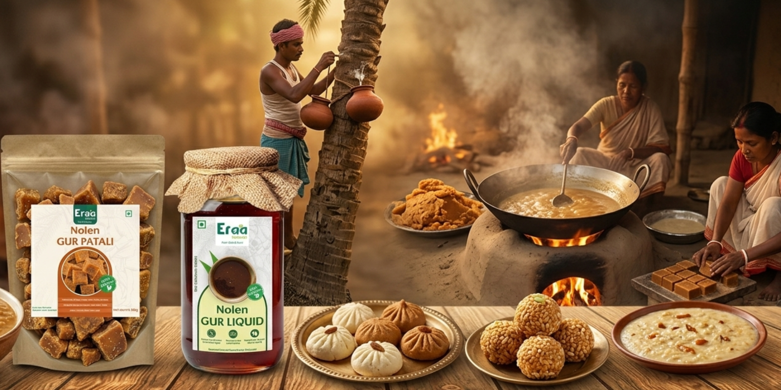 banner of jaggery item , eraa naturals nolen gur patali, and nolen gur liquid.