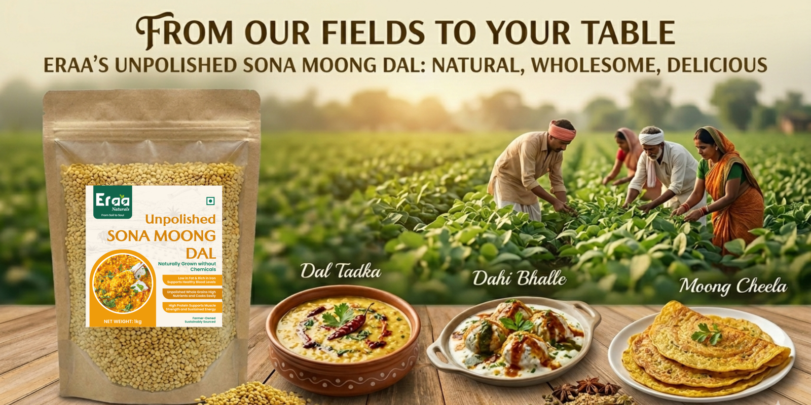 sona moong banner, showing some dishes which is prepared by sona moong daal.
