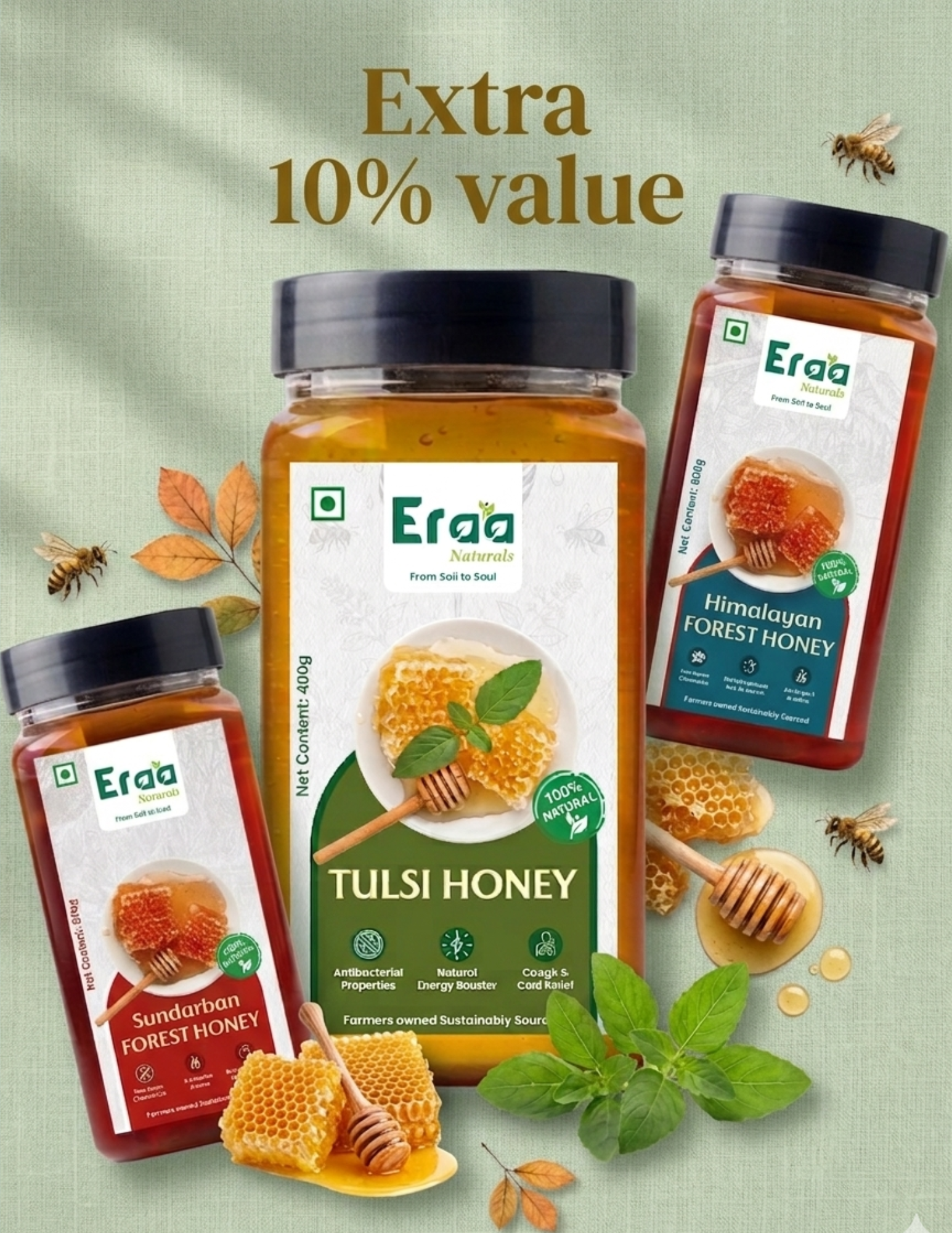 honey category image showing eraa naturals honey categories , tulsi honey, himalyan forest honey, Sundarban forest hoeny.